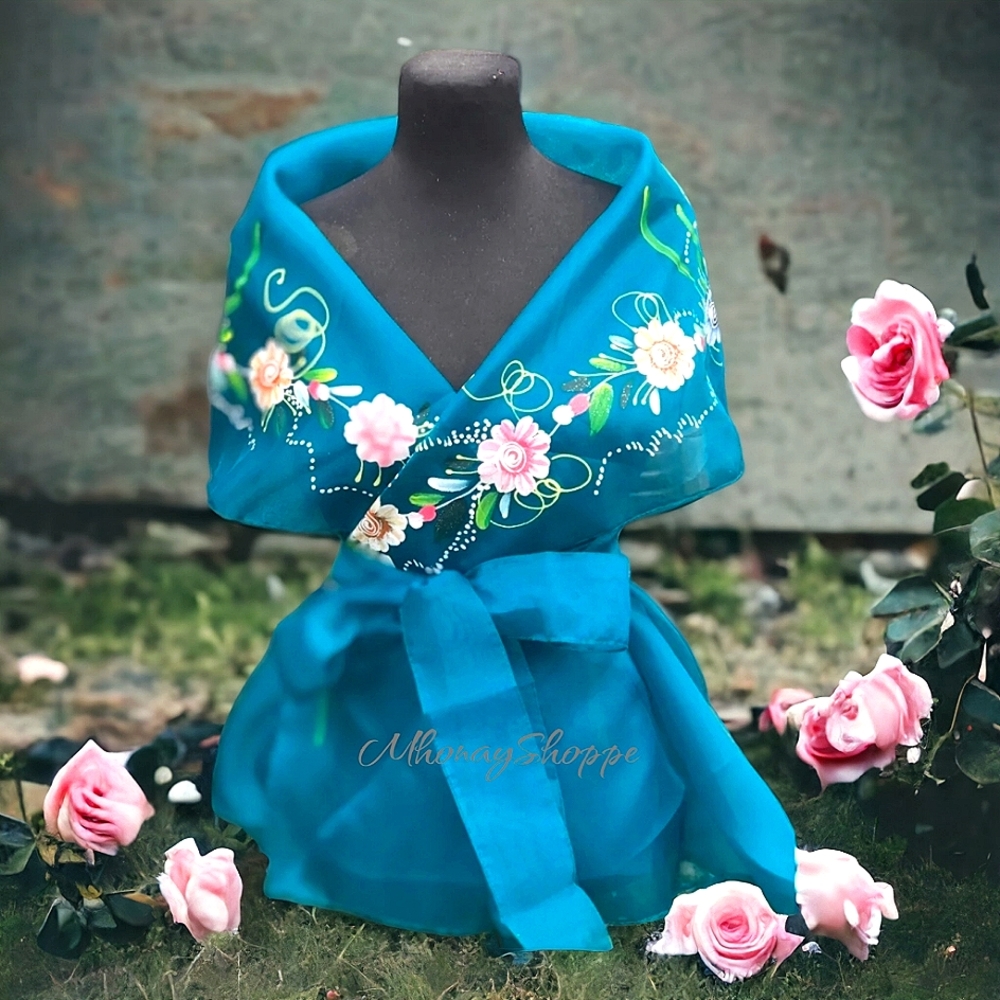 Teal-Modern Filipiniana Handpainted Wrap Around Alampay